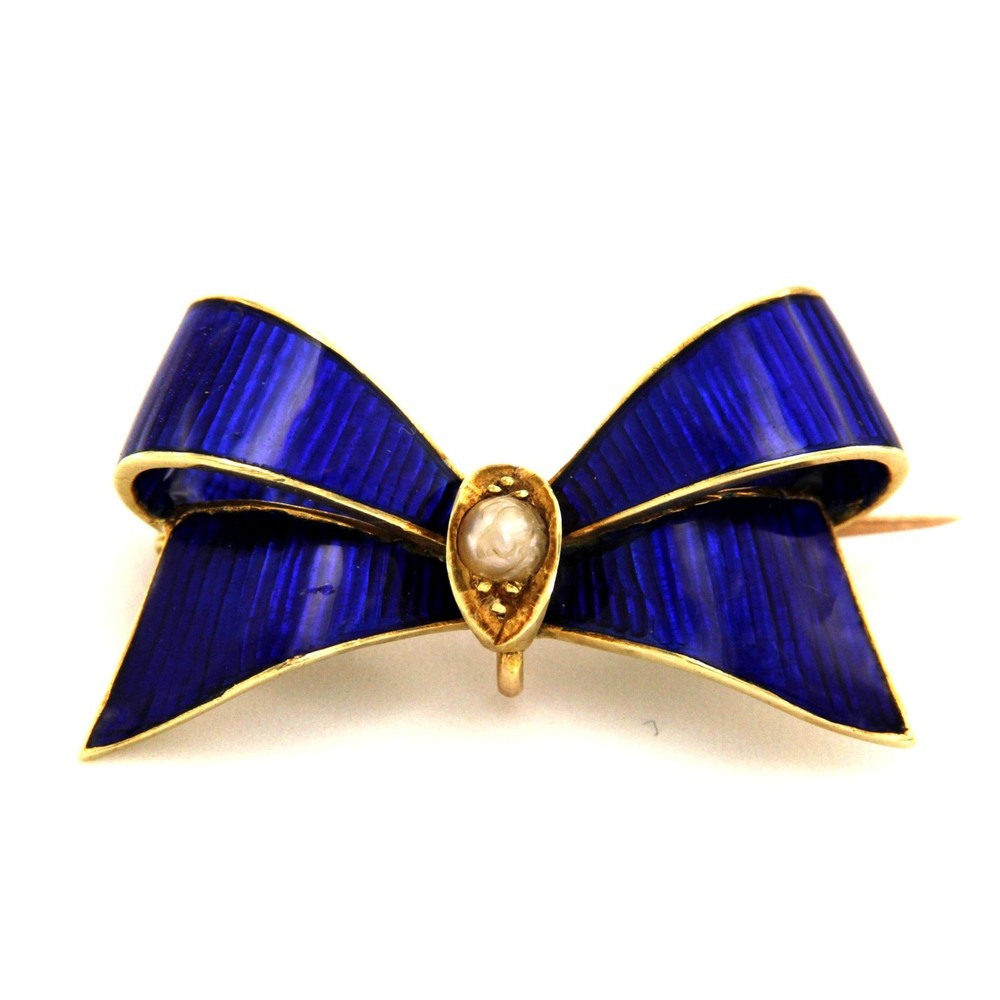 Antique 15k Yellow GOLD Guilloche Enamel and Pearl Victorian Ribbon Bow Brooch