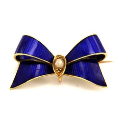 Antique 15k Yellow GOLD Guilloche Enamel and Pearl Victorian Ribbon Bow Brooch