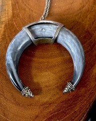 Vintage Glass Grey Marbled Crescent Moon 36” Chain Hardware On Moon Silver?