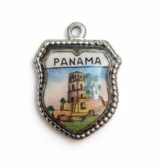 Vintage silver PANAMA VIEJO RUINS MINI TRAVEL SHIELD RARE charm #595