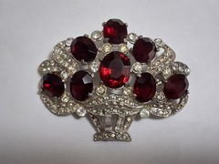 1930s red & clear rhinestone brooch, basket, flower bouquet, statement piece