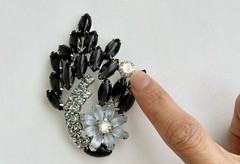 D&E Vintage Flower Corsage Ice Blue & Onyx Navette Brooch Pin & Clip-on Earrings