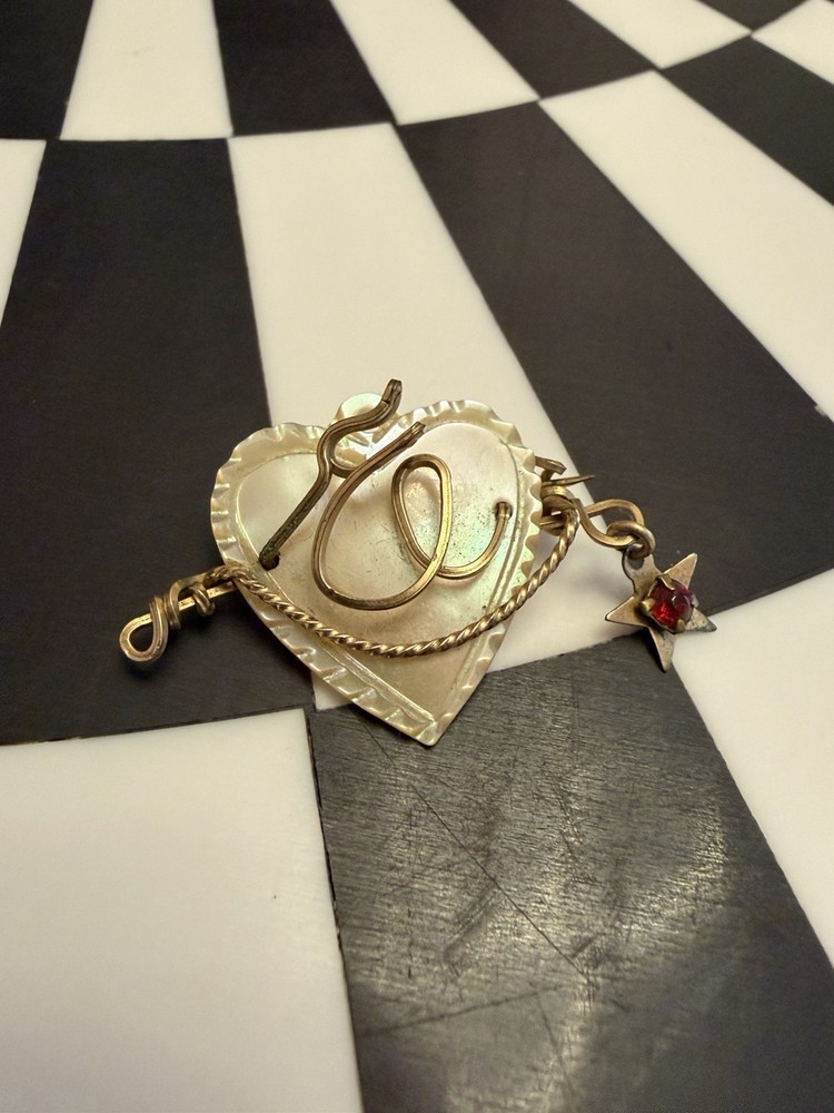 Antique Initial “E” Goldtone Script Brooch Pin Mother of Pearl Heart Vintage