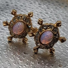 Vintage Oval Faux Fire Opal Halo Clear Rhinestone Screw Back Star Earrings