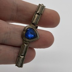 Vintage 60s Made Japan Silver Sapphire Glass Heart Childs Expandable Bracelet
