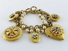 Maximal Art Iridescent Rhinestone Faux Pearl Heart Mixed Lockets Bracelet 7.2 In