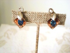 Vintage Sterling Silver Leaf Hinged Clip Earrings Gold Wash Blue Rhinestones KJ