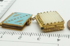 2 ANTIQUE ENGLISH LOCKETS / CHARMS – PINCHBECK ABERFELDY ENAMEL & PEARL c1870