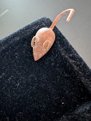 1960’s Teak Wood Mouse Brooch, Clear Rhinestone Eyes Leather Tail