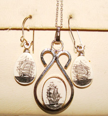 VTG Verna Sterling Silver Etched Tall Ship Pendant & 18″ Necklace Bonus Earrings