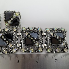 Wide Rhinestone Panel Bracelet 5 link & Earrings Set ab black rhinestones vtg