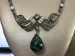 Vintage Schoffel 16″ Rhinestone & Faux Cabochon Emerald Green Necklace 1930s