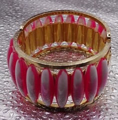 Vintage Hinged Pink & White Stripe Peppermint Lucite & Metal Clamper BRACELET