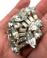 Signed Kramer NY Clear Rhinestone Brooch Pin Vintage 2.5″ Rhodium Statement