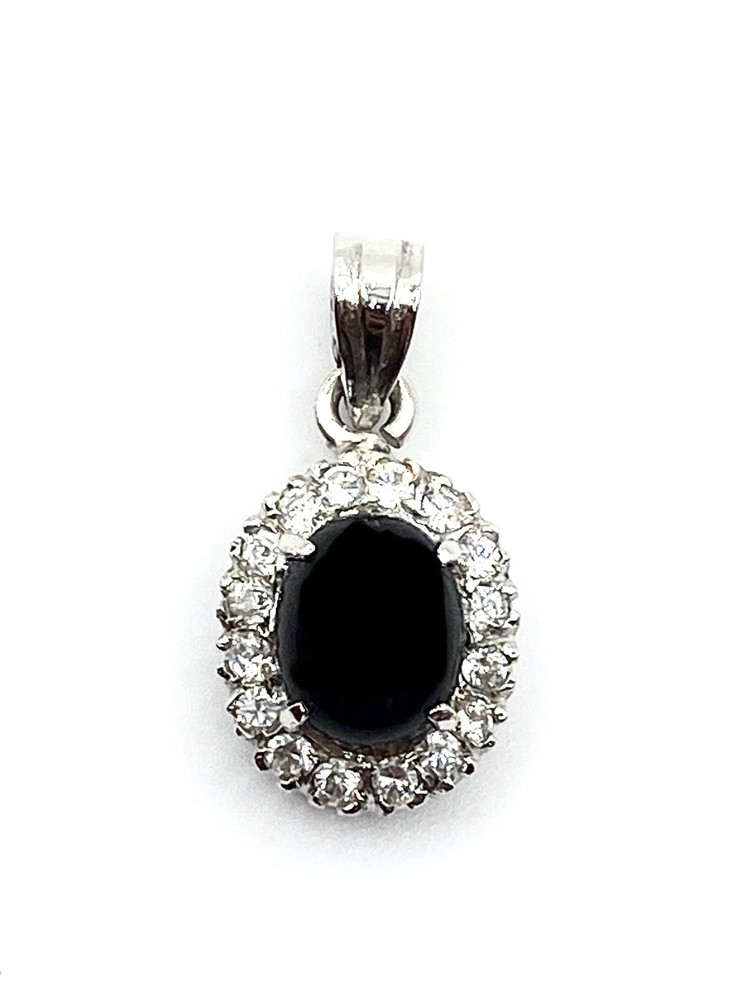 Vintage Sterling Silver Black Onyx & CZ Oval Pendant 7/8” Long