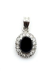Vintage Sterling Silver Black Onyx & CZ Oval Pendant 7/8” Long