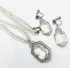 Art Deco Faceted Glass Rhodium Filigree Necklace & Earrings Vintage Jewelry