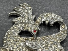 HUGE POT METAL Art Deco Phoenix Gryphon Bird Brooch Silver Tone Rhinestones READ