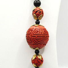 Asian Chinese Inspired Red Carved Cinnabar Black Onyx Bead Beaded Necklace 33 In