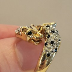 VTG Jackie Collins Two Tone Panther Link Necklace + Pave Rhinestone Ring 80s
