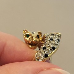 VTG Jackie Collins Two Tone Panther Link Necklace + Pave Rhinestone Ring 80s