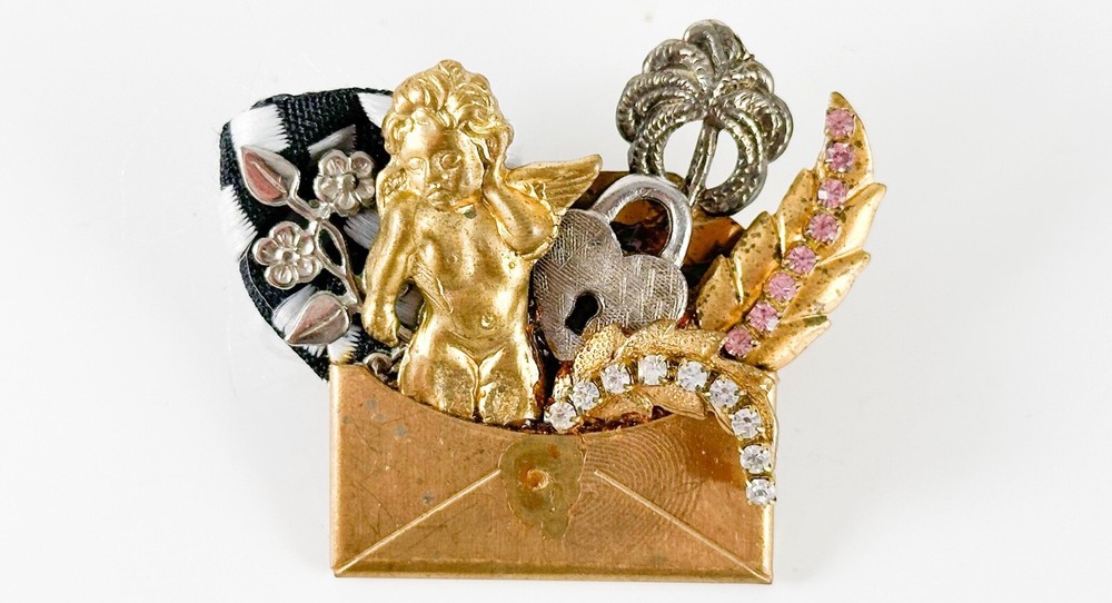 Vintage Maximal Art Pin Nude Cherub Rhinestone Hand Made Artisan Brooch *Read*