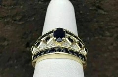 2CT Oval Cut Real Blue Sapphire Wide Pave Band Wedding Ring 14K Yellow Gold Over