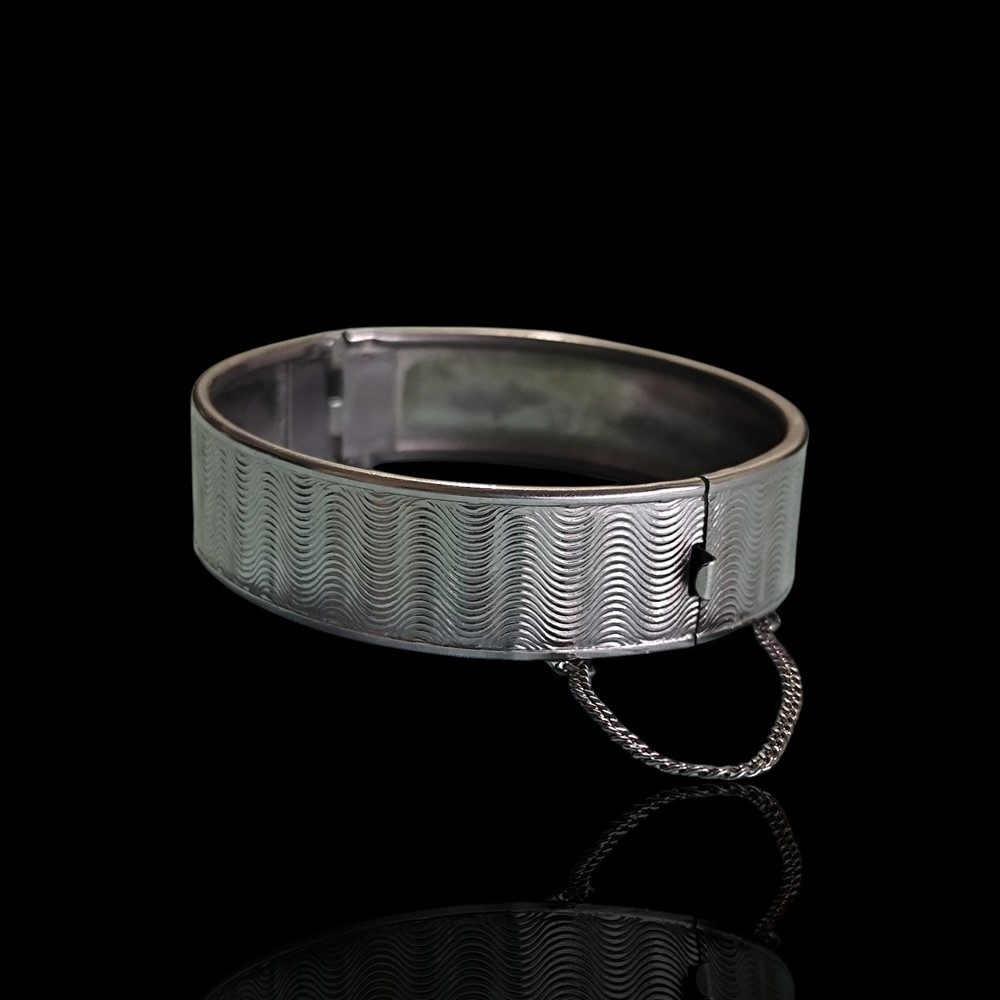 Vintage Silver Plated Machine Turned Textured Clamp Bangle Bracelet Sz 7in