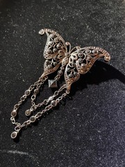 Vintage Butterfly Silver Tone Filigree Black Rhinestone Brooch Pin Marcasite