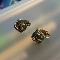Tiny Metal and Blue Green Enamel Knot Clip-On Vintage Earrings