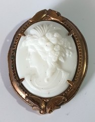 Vintage (Antique?) White Porcelain? Cameo Portrait Brooch in Brass? Frame