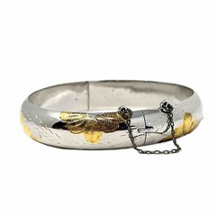 Vintage Two Tone Engraved Floral Bangle Cuff Bracelet Silver 925