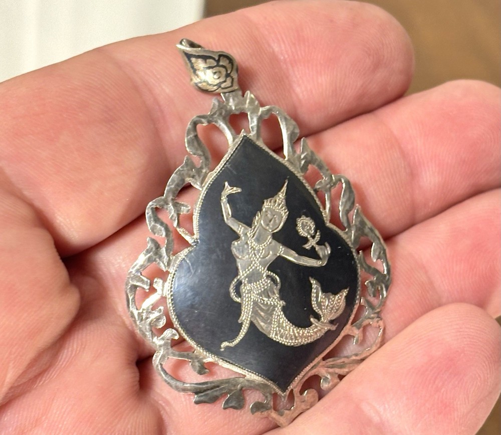 Atq Rare Siam Sterling Silver Niello Ware Mermaid Teardrop Pendant 2.5”L 8.4g