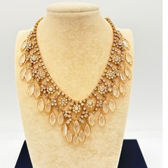 Gold‑Tone Bridal Necklace w/ Prong‑Set Marquise & Round Stones, Clear Elegance