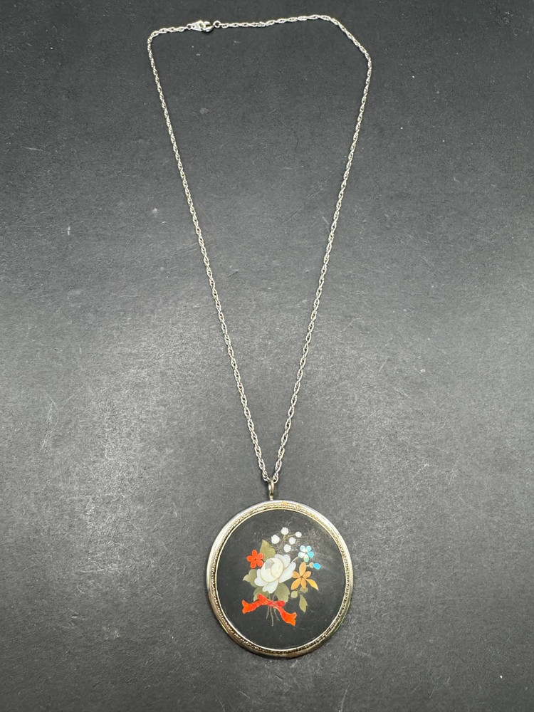 Antique Sterling Pietra Dura Pendant/Chain Floral Mosiac