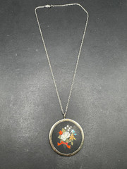 Antique Sterling Pietra Dura Pendant/Chain Floral Mosiac