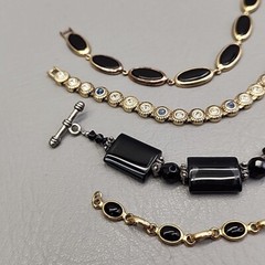 Bracelet Lot of 4 Linked Black Onyx Silver Tone Gold Plated 7.5 – 8.5″