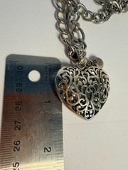 Vintage Antique Silver Tone Filigree Openwork Puff Heart Rhinestone Necklace