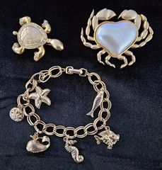 Vtg Lot Gold Tone Nautical Charm Bracelet Sea Turtle & Faux Pearl Crab Brooch