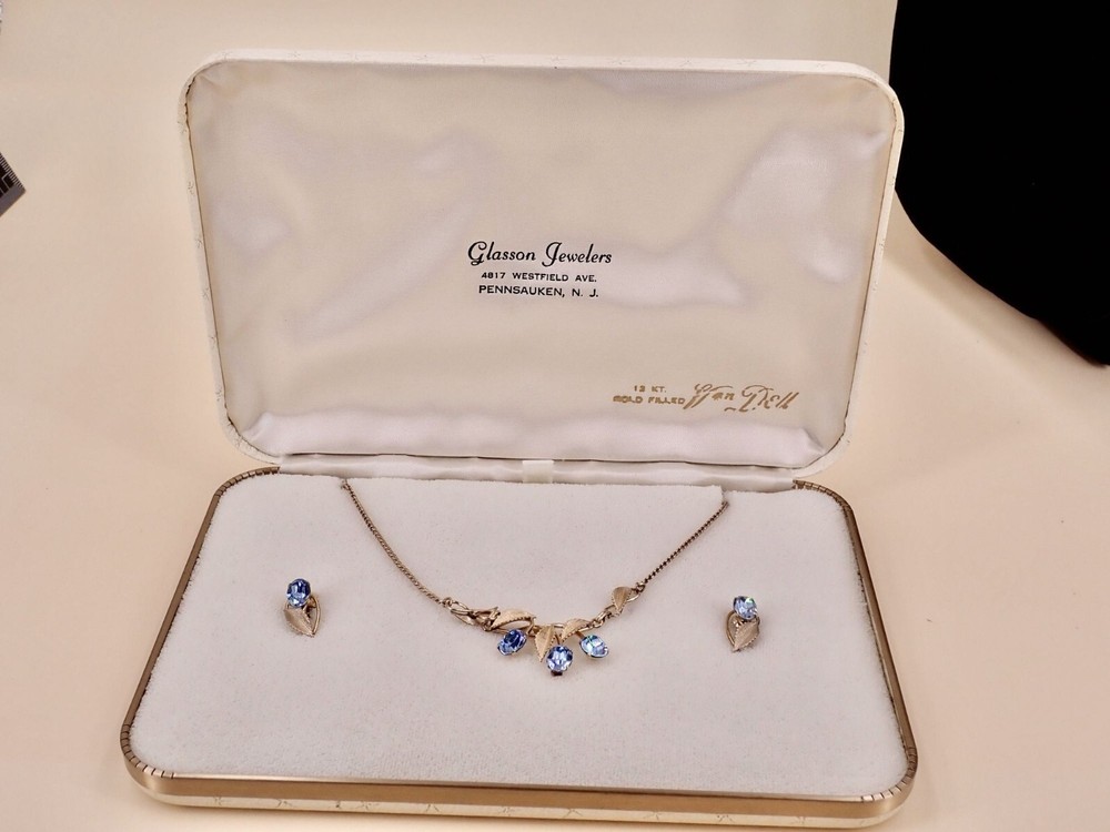 Vintage Van Dell Gold Filled Blue Stone and Leaf Necklace and Earring Set Origin