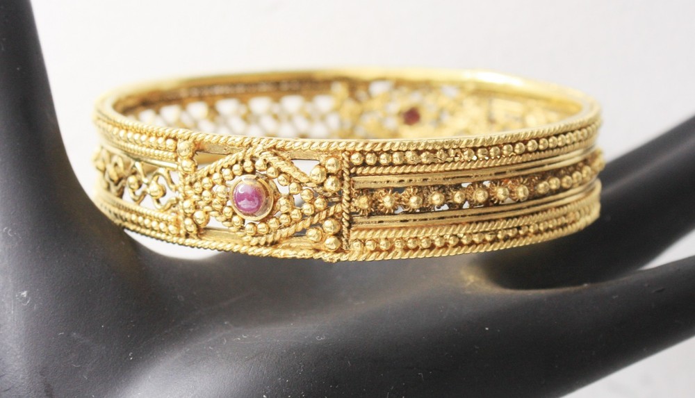 Indian Ornate Gold Tone Bangle Bracelet Hand Made w/ Natural Ruby Stones
