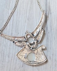 Vintage Egyptian Revival Style Silvertone Bib Necklace w/ white moonstone