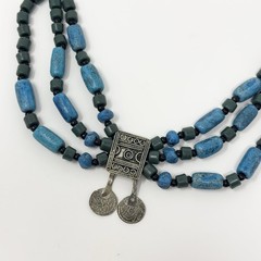 Vintage Antique Silver Tone Bedouin Glass Trade Beads Necklace Artisan Coins 21”
