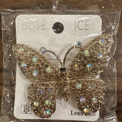 Vintage BLUE ICE Butterfly Brooch Large Gold Tone Multicolor Rhinestone NICE!