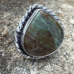 Green Brown Jasper Ring 6.5 Sterling Silver Twisted Rope Boho Southwestern