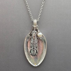 Vintage Blessed Spoon Pendant Necklace Silver Pearl Long Boho Statement Piece