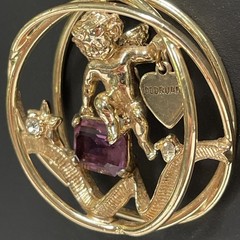 Vintage Coro February Pendant Necklace Gold Tone Cherub Glass Garnet Rhinestone