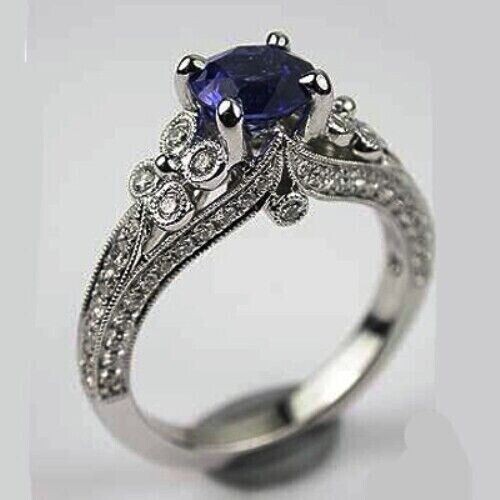 Vintage Art Deco Blue Sapphire & Lab Created Diamond Engagement 925 Silver Ring