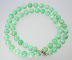 Antique Art Deco Gold Sapphire Green Jadeite Jade Rock Crystal Bead Necklace GIA