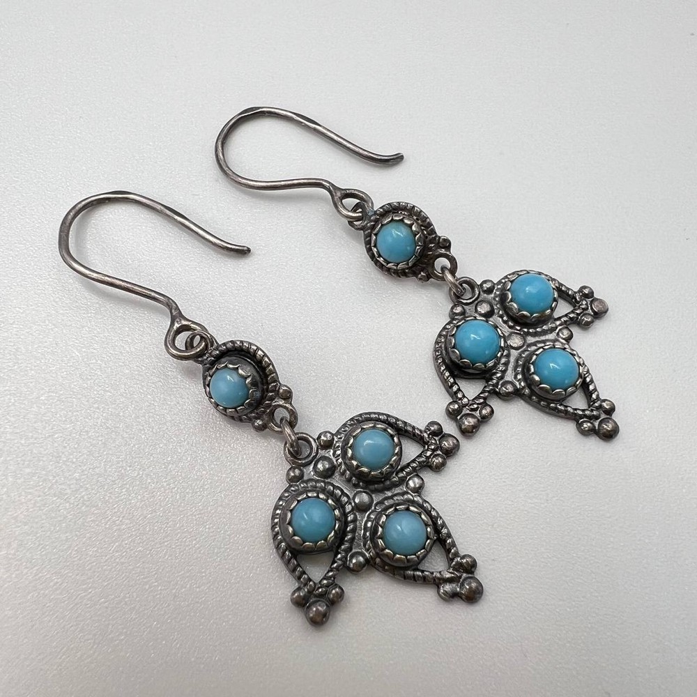 Vintage USSR 875 Silver Niello Turquoise Drop Earrings Ethnic Dangle Signed 70s
